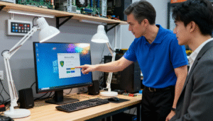 Dépanneur informatique à Nîmes conseillant un client sur l’antivirus Windows Defender dans un atelier de réparation d’ordinateurs